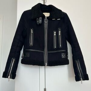 Zara Shearling Zip Up Cropped Jacket with Silver Hardwear